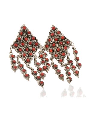 Handmade Certified Authentic Navajo .925 Sterling Silver Coral Dangle Native American Earrings 17956