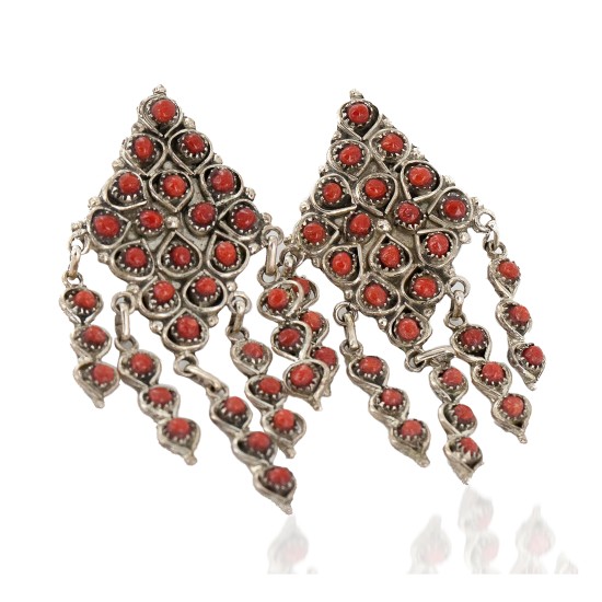 Handmade Certified Authentic Navajo .925 Sterling Silver Coral Dangle Native American Earrings 17956 Handmade Certified Authentic Navajo .925 Sterling Silver Coral Dangle Native American Earrings 17956