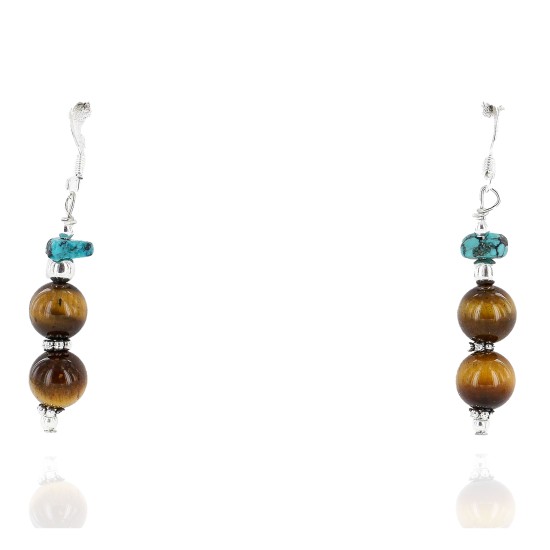 Certified Authentic Navajo .925 Sterling Silver Hooks Natural Turquoise and Tigers Eye Native American Earrings 18068-2-2