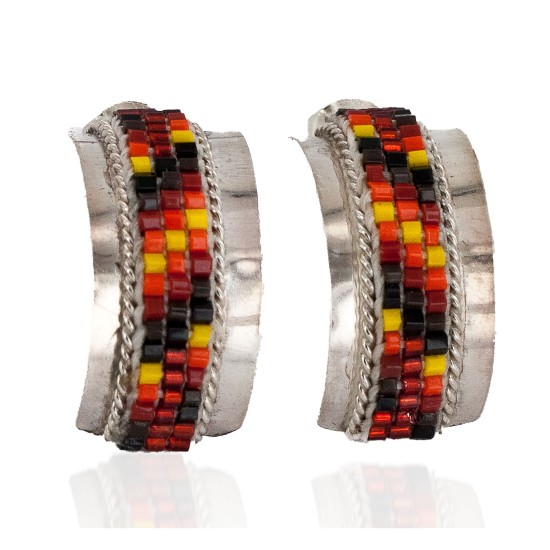 Large Certified Authentic Handmade Navajo .925 Sterling Silver Beaded Multicolor Stud Native American Earrings 18101-2