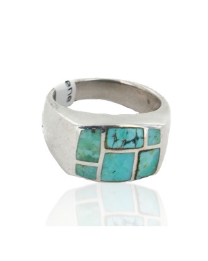 Handmade Inlay Navajo .925 Sterling Silver Certified Authentic Natural Turquoise Native American Ring 18149