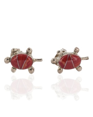 Handmade Certified Authentic Turtle .925 Sterling Silver Coral Native American Stud Earrings 18185-2