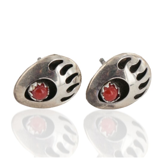 Handmade Bear Paw Certified Authentic Turtle .925 Sterling Silver Coral Native American Stud Earrings 18185-6