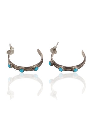 Certified Authentic Navajo .925 Sterling Silver Sterling Silver Turquoise Hoop Native American Earrings 18185-9