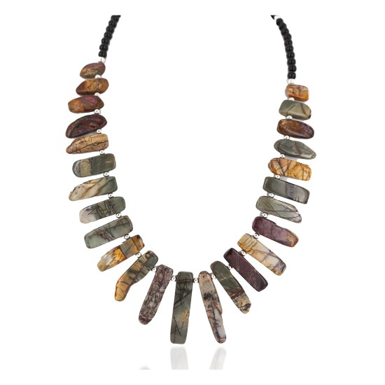 Certified Authentic Nickel Navajo Natural Black Onyx Jasper Native American Necklace 18264-4