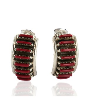 .925 Sterling Silver Certified Authentic Zuni Signed Coral Native American Stud Earrings  18304-1