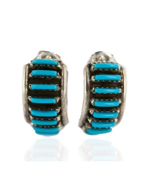 .925 Sterling Silver Certified Authentic Zuni Signed Natural Turquoise Native American Stud Earrings 18304-2