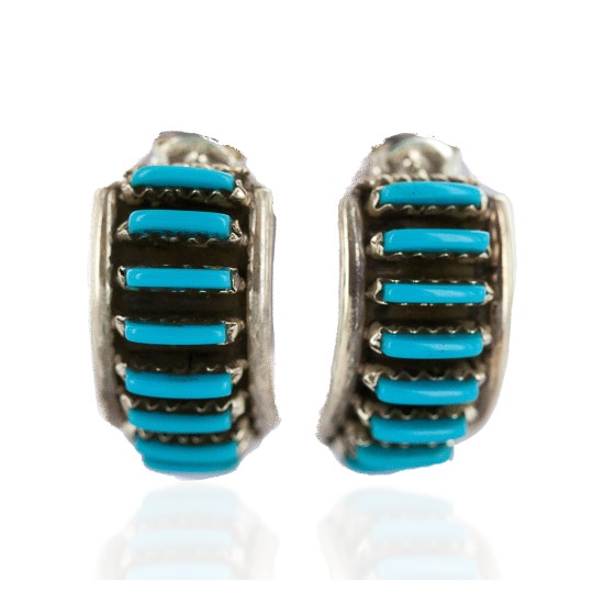.925 Sterling Silver Certified Authentic Zuni Signed Natural Turquoise Native American Stud Earrings 18304-2 .925 Sterling Silver Certified Authentic Zuni Signed Natural Turquoise Native American Stud Earrings 18304-2