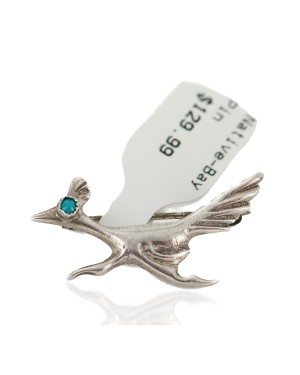 Certified Authentic Handmade Road Runner Navajo .925 Sterling Silver Natural Turquoise Native American Pin  192-10