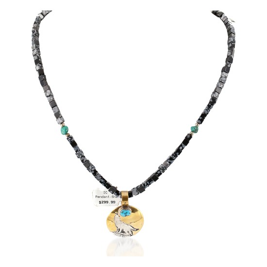 12kt Gold Filled and .925 Sterling Silver Wolf Handmade Certified Authentic Navajo Natural Turquoise and Snowflake Stone Native American Necklace 24124-2-7501003