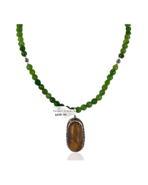 .925 Sterling Silver Handmade Certified Authentic Navajo Tigers Eye and Quartz Native American Necklace 24125-16076-6