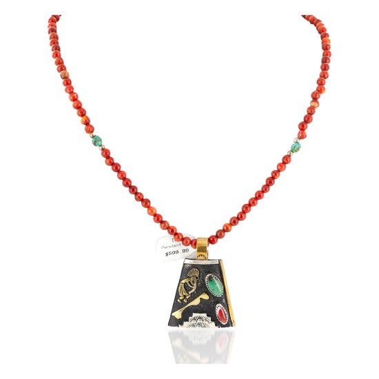 12kt Gold Filled and .925 Sterling Silver Kokopelli Handmade Certified Authentic Navajo Coral Turquoise Spiny Oyster Native American Necklace 24145-15780