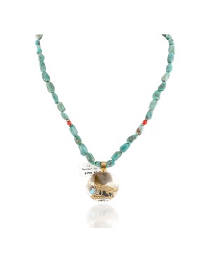 12kt Gold Filled .925 Sterling Silver Wolf Handmade Certified Authentic Navajo Turquoise Coral Native American Necklace 24154-34-15781