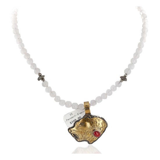 12kt Gold Filled .925 Sterling Silver Bear Head Handmade Certified Authentic Navajo Natural Turquoise Coral Quartz Native American Necklace 24171-15786