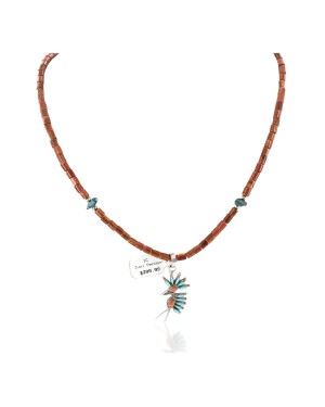 Kokopelli Petit Point Handmade Certified Authentic Zuni .925 Sterling Silver Turquoise Coral Goldstone Native American Necklace 24206-1-15786-32