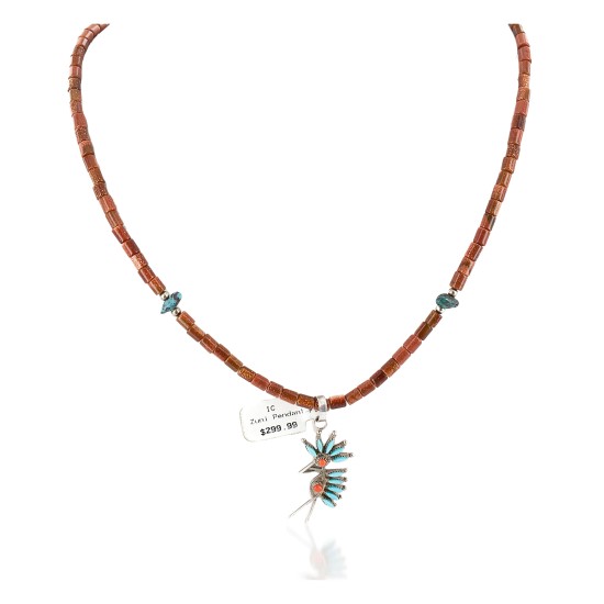 Kokopelli Petit Point Handmade Certified Authentic Zuni .925 Sterling Silver Turquoise Coral Goldstone Native American Necklace 24206-1-15786-32