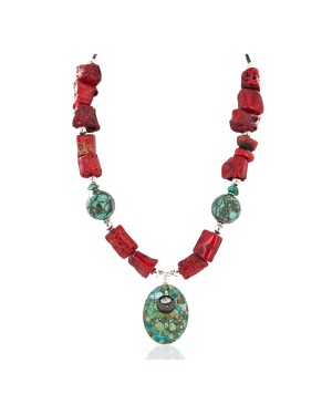 .925 Sterling Silver Certified Authentic Navajo Turquoise Coral Native American Necklace 24214-15