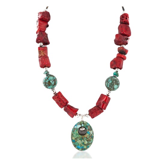 .925 Sterling Silver Certified Authentic Navajo Turquoise Coral Native American Necklace 24214-15