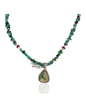 .925 Sterling Silver Handmade Certified Authentic Signed Navajo Coral Natural Turquoise Native American Necklace 2423-1601-12