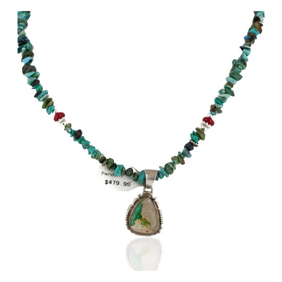 .925 Sterling Silver Handmade Certified Authentic Signed Navajo Coral Natural Turquoise Native American Necklace 2423-1601-12