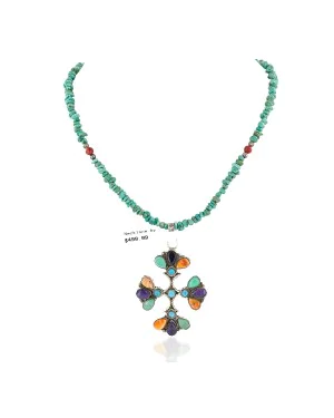 Handmade Petit point Zuni .925 Sterling Silver Natural Turquoise Coral Sugilite Spiny Oyster Native American Necklace 24244-15336