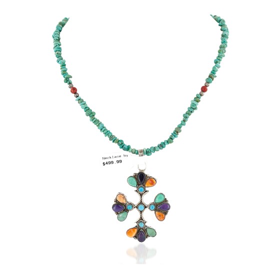 Handmade Certified Authentic Petit point Zuni .925 Sterling Silver Natural Turquoise Coral Sugilite Spiny Oyster Native American Necklace 24244-15336