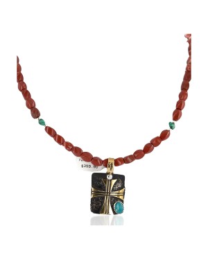 Certified Authentic 12kt Gold Filled and .925 Sterling Silver Handmade Cross Turquoise Red Jasper Native American Necklace 24300-16047-5