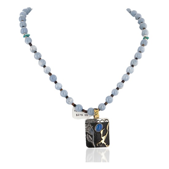 Certified Authentic 12kt Gold Filled and .925 Sterling Silver Handmade Flower Natural Turquoise Lapis Agate Native American Necklace 24301-16033