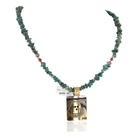 Certified Authentic 12kt Gold Filled and .925 Sterling Silver Kachina Handmade Natural Turquoise Coral Native American Necklace 24302-15771-22