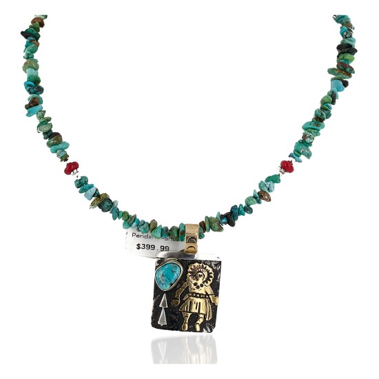 12kt Gold Filled .925 Sterling Silver Handmade Certified Authentic Navajo Coral Natural Turquoise Native American Necklace 24302-1601-10