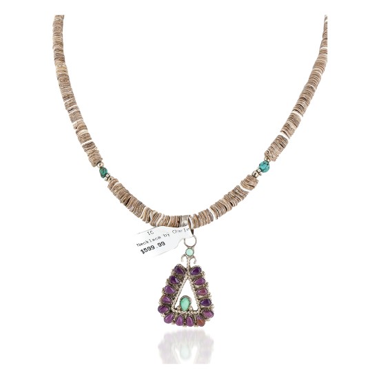Handmade Certified Authentic Zuni .925 Sterling Silver Petit Point Natural Sugilite Turquoise Native American Necklace 24317-25265-3
