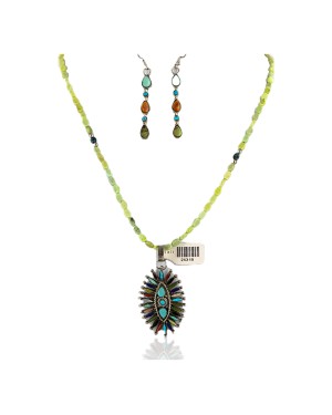 Petit Point Handmade Certified Authentic Zuni .925 Sterling Silver Multicolor Stones Turquoise Set Native American Necklace Earrings 24318-15823