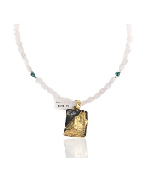 12kt Gold Filled .925 Sterling Silver Wolf Handmade Certified Authentic Navajo Natural Turquoise Pink Quartz Native American Necklace 24324-5-16047-10