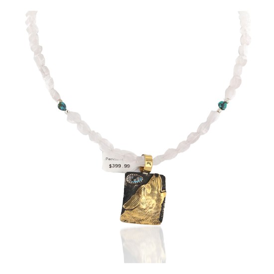 12kt Gold Filled .925 Sterling Silver Wolf Handmade Certified Authentic Navajo Natural Turquoise Pink Quartz Native American Necklace 24324-5-16047-10 12kt Gold Filled .925 Sterling Silver Wolf Handmade Certified Authentic Navajo Natural Turquoise Pink Quartz Native American Necklace 24324-5-16047-10