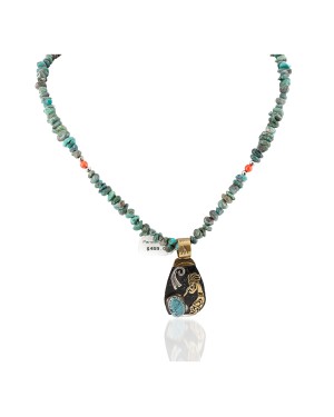 12kt Gold Filled .925 Sterling Silver Kokopelli Handmade Certified Authentic Navajo Natural Turquoise Coral Native American Necklace  24326-2-15957-1