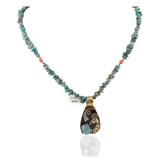 12kt Gold Filled .925 Sterling Silver Kokopelli Handmade Certified Authentic Navajo Natural Turquoise Coral Native American Necklace  24326-2-15957-1