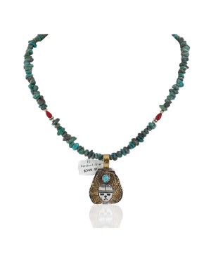 Face 12kt Gold Filled and .925 Sterling Silver Buffalo Handmade Certified Authentic Navajo Turquoise Coral Native American Necklace 24328-3-15979-2