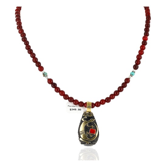 12kt Gold Filled And .925 Sterling Silver Handmade Gaco Certified Authentic Navajo Coral Agate and Turquoise Native American Necklace 24328-6