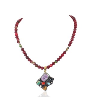 Certified Authentic 12kt Gold Filled and .925 Sterling Silver Bear Handmade Natural Turquoise and Multicolor Stones Native American Necklace 24333-3-16026-1