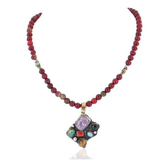 Certified Authentic 12kt Gold Filled and .925 Sterling Silver Bear Handmade Natural Turquoise and Multicolor Stones Native American Necklace 24333-3-16026-1