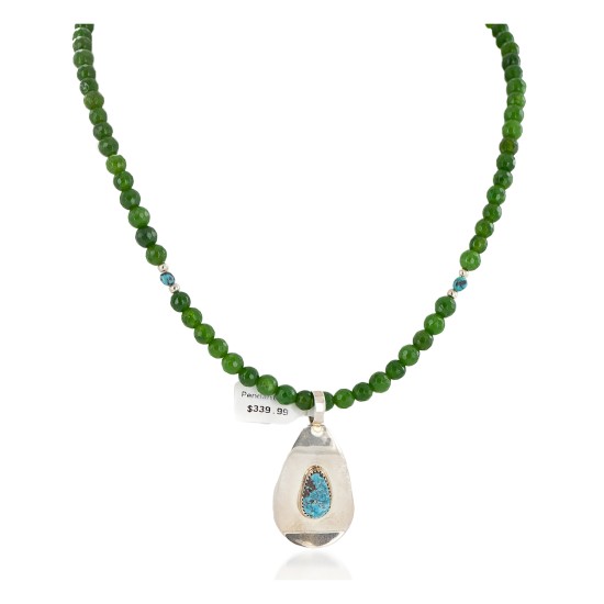 .925 Sterling Silver Handmade Certified Authentic Natural Turquoise Green Quartz Native American Necklace 24337-16076-13
