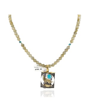 12kt Gold Filled .925 Sterling Silver Handmade Wolf And Moon Certified Authentic Navajo Turquoise and Quartz Native American Necklace 24344-4