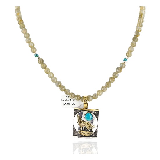 12kt Gold Filled .925 Sterling Silver Handmade Wolf And Moon Certified Authentic Navajo Turquoise and Quartz Native American Necklace 24344-4