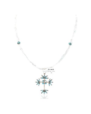 Handmade Cross Certified Authentic Zuni .925 Sterling Silver Petit Point Turquoise Quartz Native American Necklace  24367-16076-101