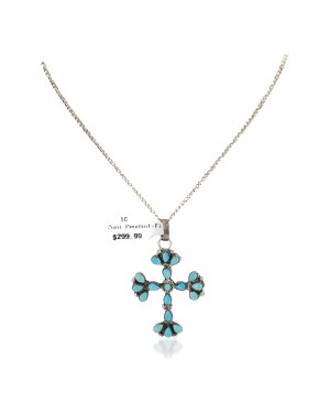 Handmade Cross Certified Authentic Zuni .925 Sterling Silver Natural Turquoise Native American Necklace 24368