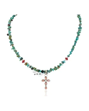 Handmade Cross Zuni .925 Sterling Silver Natural Turquoise Pink Coral Necklace 24371-2-1601-24