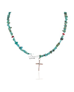 Handmade Cross Certified Authentic Zuni .925 Sterling Silver Natural Turquoise Charoite Native American Necklace 24371-7-1601-20