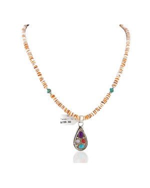 Certified Authentic .925 Sterling Silver Handmade Natural Turquoise Multicolor Stones Spiny Oyster Native American Necklace 24401-25277
