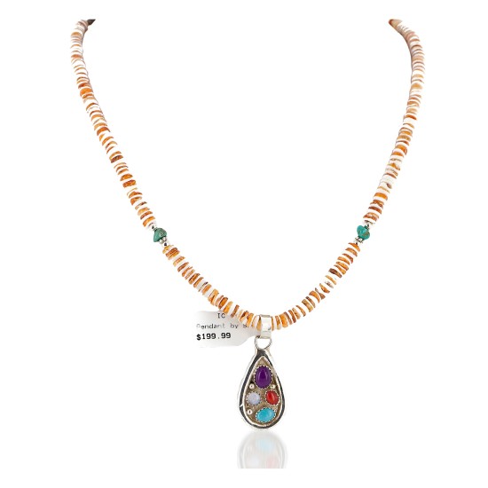 Certified Authentic .925 Sterling Silver Handmade Natural Turquoise Multicolor Stones Spiny Oyster Native American Necklace 24401-25277