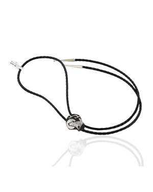 .925 Sterling Silver Leather Handmade Wolf Certified Authentic Navajo Native American Bolo Tie  24417-1